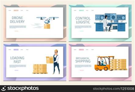 Warehouse Cargo Distribution. Logistic Service Set. Flying Air Drone Delivery, Control Logistic, Mechanical Storage Freight Shipping, Loading Fast. Flat Cartoon Vector Illustration. Warehouse Cargo Distribution. Logistic Service Set