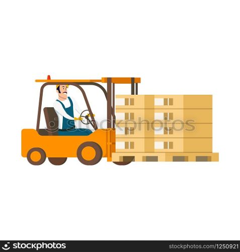 Warehouse Character Driving Forklift Car with Box. Drawing of Smiling Professional Factory Staff Engeneer Working in Storage Goods Delivery Service. Flat Cartoon Vector Illustration. Warehouse Character Driving Forklift Car with Box