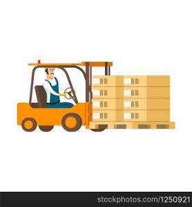 Warehouse Character Driving Forklift Car with Box. Drawing of Smiling Professional Factory Staff Engeneer Working in Storage Goods Delivery Service. Flat Cartoon Vector Illustration. Warehouse Character Driving Forklift Car with Box