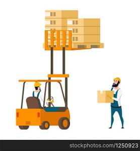 Warehouse Character Lifting Box by Forklift Car. Smiling Factory Worker Standing with Cardboard Package in his Hand. Engineer Loading Freight Up by Truck. Flat Cartoon Vector Illustration. Warehouse Character Lifting Box by Forklift Car