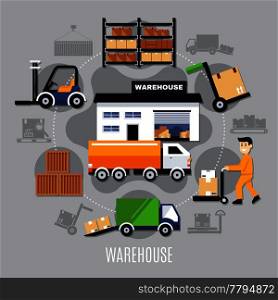 Warehouse colored composition with colored icon set on theme combined in big circle vector illustration. Warehouse Colored Composition