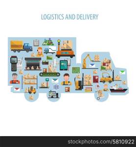 Warehouse concept with logistics and delivery flat icons in a truck shape vector illustration. Warehouse Concept Illustration