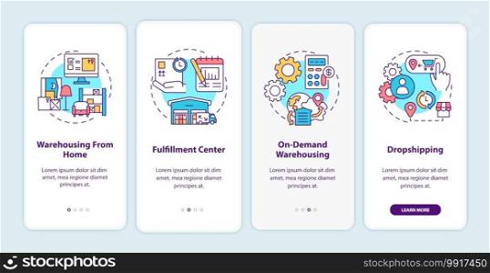 Warehouse customer services onboarding mobile app page screen with concepts. Order storage and shipping walkthrough 5 steps graphic instructions. UI vector template with RGB color illustrations. Warehouse customer services onboarding mobile app page screen with concepts