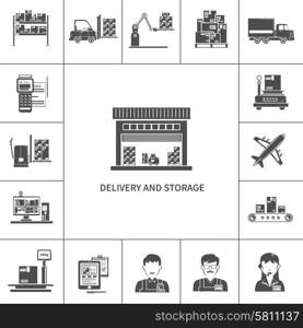 Warehouse delivery and storage icons black set isolated vector illustration. Warehouse Icons Black