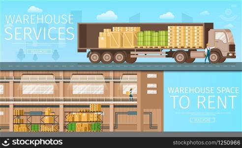 Warehouse Delivery Service, Store Space to Rent. Depot Renting. Picture of Storage with Weight on Shelf, Open Delivery Truck Full of Cardboard and Wooden Box. Flat Cartoon Vector Illustration. Warehouse Delivery Service, Store Space to Rent