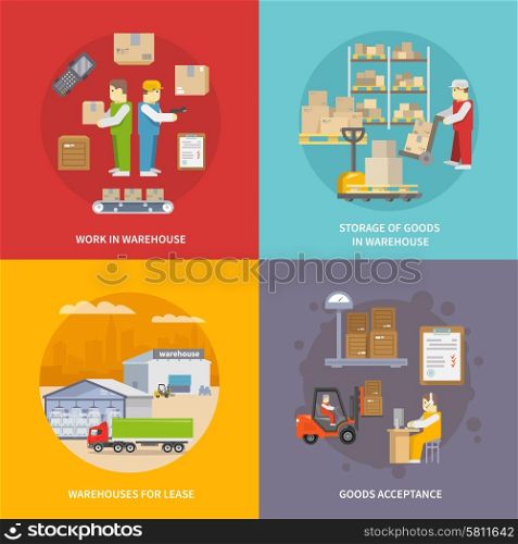 Warehouse design concept set with goods acceptance and storage flat icons isolated vector illustration. Warehouse Flat Set