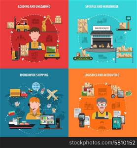 Warehouse design concept set with worldwide logistic flat icons isolated vector illustration. Warehouse Design Concept