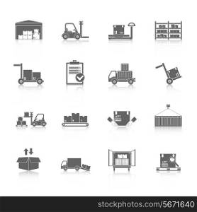 Warehouse distribution and logistics service icons black set isolated vector illustration