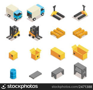 Warehouse equipment icon set. Transportation and forklift, cargo and box, logistic and delivery, vector illustration. Warehouse equipment icon set