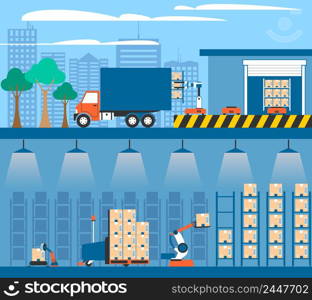 Warehouse facilities and equipment for storing and shipment cargo 2 flat banners composition abstract isolated vector illustration. Warehouse Automation 2 Flat Banners Compositions