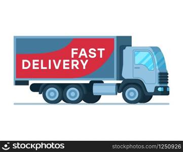 Warehouse Fast Delivery Grey Big Shipping Truck. Side View of Closed Van with Title. Storage Factory Transportation. Depot Transport for Cargo, Goods or Weight. Flat Cartoon Vector Illustration. Warehouse Fast Delivery Grey Big Shipping Truck