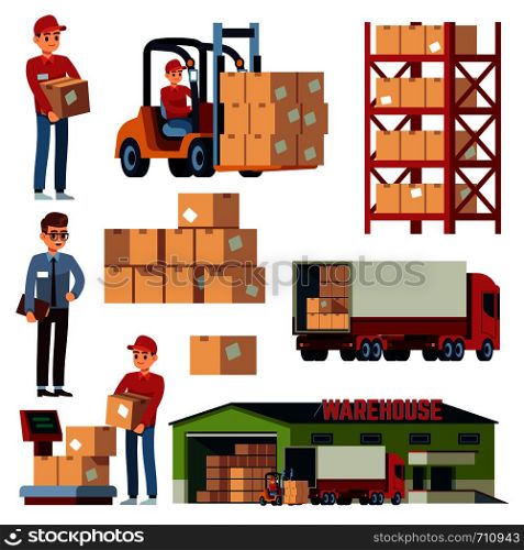 Warehouse flat elements. Logistic transportation and forklift, delivery cargo truck. Loader with boxes distribution isolated vector cartoon set. Warehouse flat elements. Logistic transportation and forklift, delivery cargo truck. Loader with boxes isolated vector cartoon set