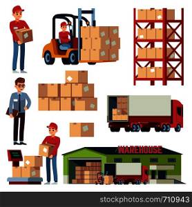 Warehouse flat elements. Logistic transportation and forklift, delivery cargo truck. Loader with boxes distribution isolated vector cartoon set. Warehouse flat elements. Logistic transportation and forklift, delivery cargo truck. Loader with boxes isolated vector cartoon set