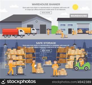 Warehouse Flat Horizontal Banners. Warehouse horizontal banners with storage workers engaged in loading and unloading of goods flat vector illustration