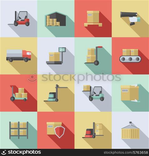 Warehouse flat icons set with cargo transportation delivery supply isolated vector illustration. Warehouse Flat Icons Set