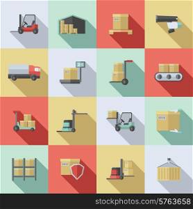 Warehouse flat icons set with cargo transportation delivery supply isolated vector illustration. Warehouse Flat Icons Set