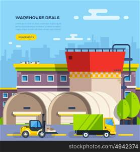 Warehouse Flat Illustration. Big warehouse building with cart and van for goods delivery on cityscape background flat vector illustration