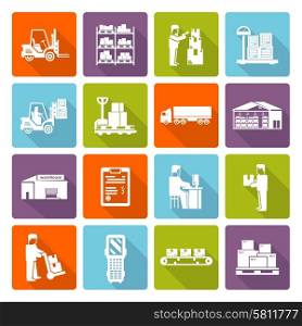 Warehouse flat long shadow icons set with shipment and delivery symbols isolated vector illustration. Warehouse Flat Icons Set