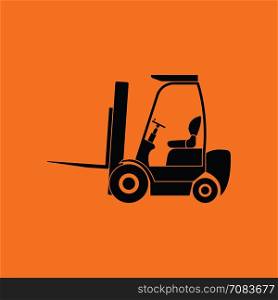 Warehouse forklift icon. Orange background with black. Vector illustration.