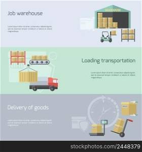 Warehouse horizontal banner set with transportation delivery and logistic elements flat isolated vector illustration. Warehouse Flat Banner Set