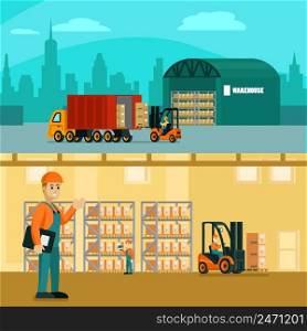 Warehouse horizontal banners with processes of goods calculation transportation and loading vector illustration. Warehouse Horizontal Banners