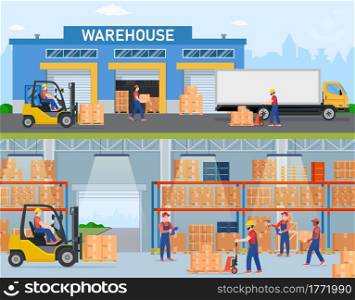 Warehouse horizontal banners with storage workers engaged in loading and unloading of goods. Interior and exterior with trucs and people.Vector illustration in flat style. Warehouse horizontal banners