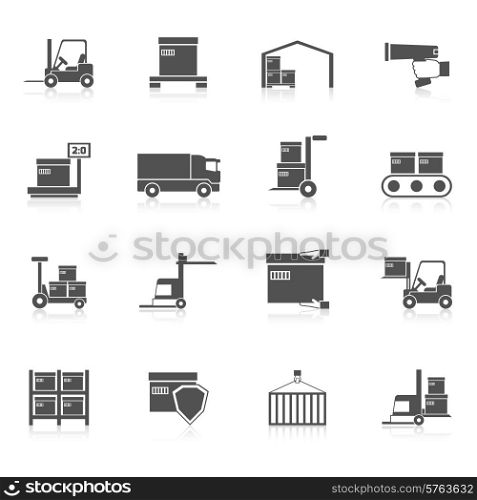 Warehouse icons black set with transport logistic delivery chain symbols isolated vector illustration. Warehouse Icons Black