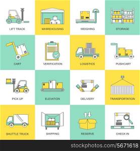 Warehouse icons flat line set of lift track weighing isolated vector illustration