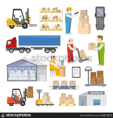 Warehouse icons flat set with shipping and delivery objects isolated vector illustration. Warehouse Icons Flat