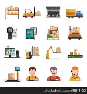 Warehouse icons flat set with shipping and delivery symbols isolated vector illustration. Warehouse Icons Flat