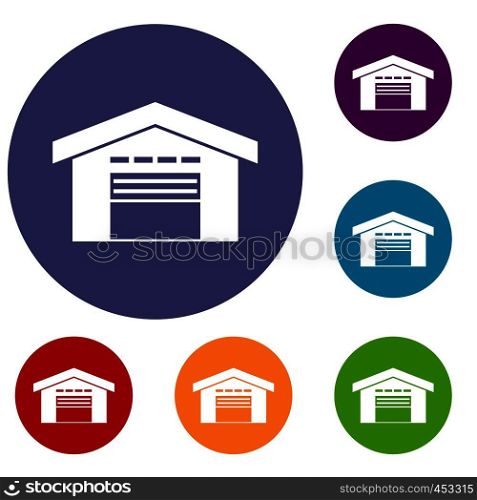 Warehouse icons set in flat circle reb, blue and green color for web. Warehouse icons set