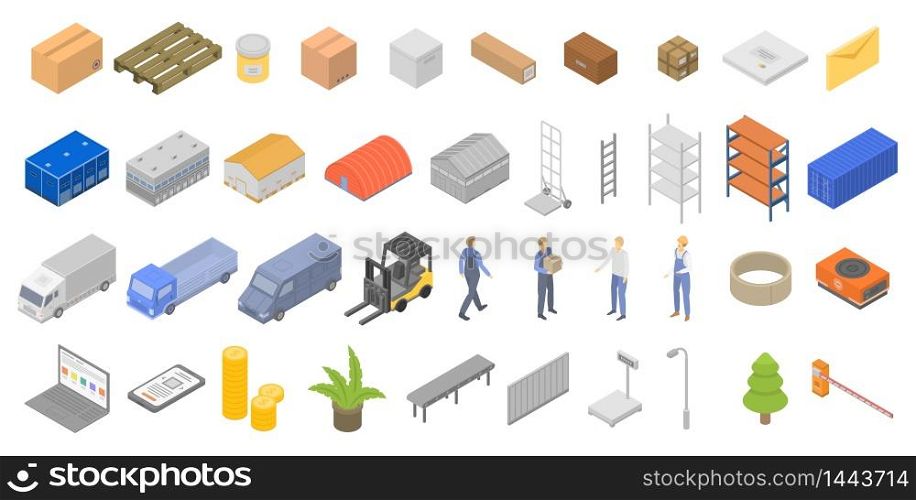 Warehouse icons set. Isometric set of warehouse vector icons for web design isolated on white background. Warehouse icons set, isometric style