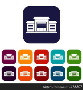 Warehouse icons set vector illustration in flat style in colors red, blue, green, and other. Warehouse icons set