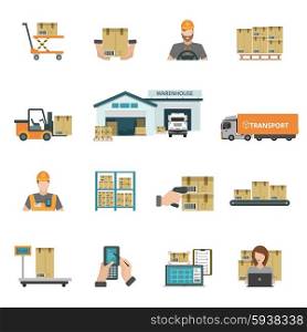 Warehouse Icons Set . Warehouse and storage icons set with package and transport symbols flat isolated vector illustration