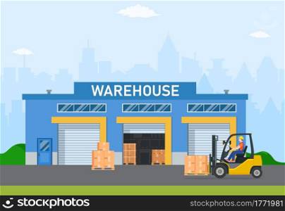 Warehouse industry with storage buildings, forklift and rack with boxes. The loader carries goods to the warehouse. Distribution logistic and cargo delivery concept. Vector illustration in flat style. Warehouse industry with storage buildings
