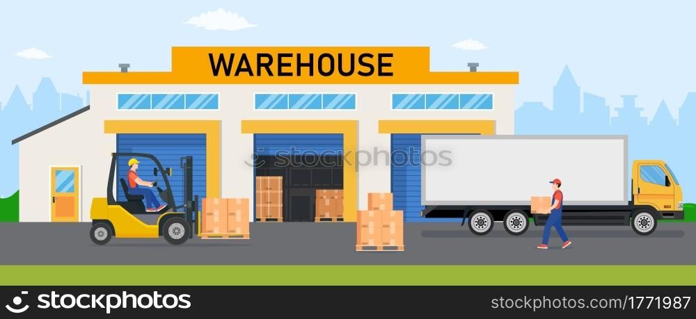 Warehouse industry with storage buildings, trucks, forklift and rack with boxes. Distribution logistic and cargo delivery concept. Vector illustration in flat style. Warehouse industry with storage buildings