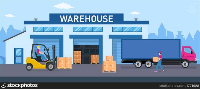 Warehouse industry with storage buildings, trucks, forklift and rack with boxes. Distribution logistic and cargo delivery concept. Vector illustration in flat style. Warehouse industry with storage buildings