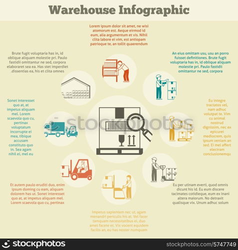 Warehouse infographics set with delivery stock searching shipping and transportation symbols vector illustration