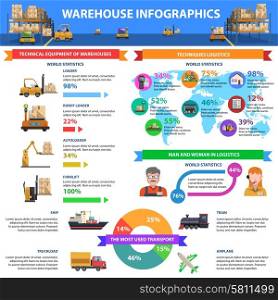 Warehouse infographics set with delivery symbols and charts vector illustration. Warehouse Infographics Set