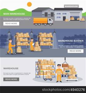 Warehouse Inside And Outside Horizontal Banners. Warehouse inside and outside horizontal banners with workers trucks and goods flat vector illustration