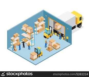 Warehouse Inside Isometric Composition. Warehouse inside isometric composition including manager and workers, forklifts, shelves with goods, unloading cargo vector illustration