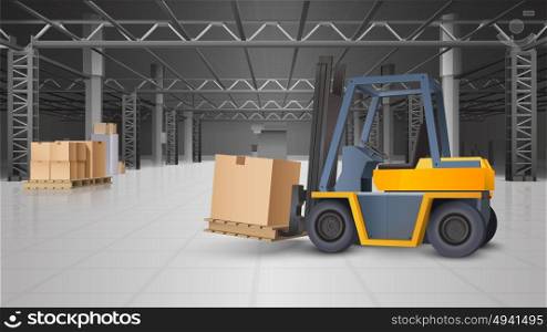 Warehouse Interior And Logistics Background . Warehouse interior and logistics realistic background with forklift and boxes vector illustration