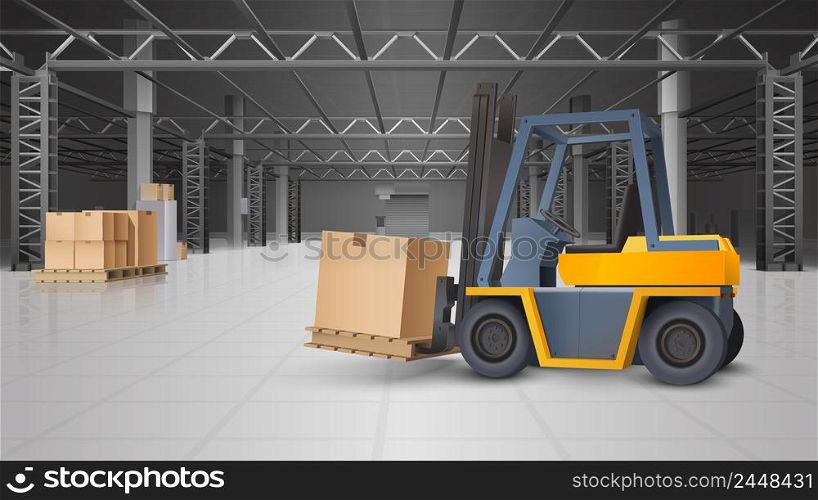 Warehouse interior and logistics realistic background with forklift and boxes vector illustration . Warehouse Interior And Logistics Background