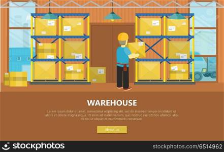 Warehouse Interior Banner. Warehouse interior banner. Equipment delivery process of warehouse. Warehouse interior, logisti and factory, loader man in warehouse building exterior, business delivery, storage cargo illustration