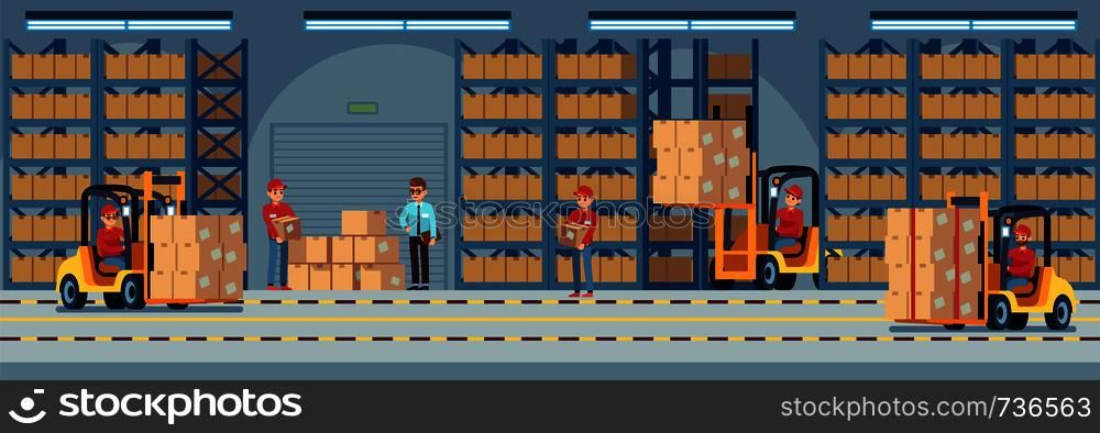 Warehouse interior. Industrial factory worker working in stockroom of storehouse. Forklift and delivery truck with loader and wooden container in large hangar vector logistic concept. Warehouse interior. Industrial factory worker working in stockroom of storehouse. Forklift and delivery truck vector logistic concept