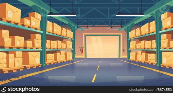 Warehouse interior, logistics, cargo and goods delivery postal service. Storehouse with rolling shatter gates and racks with parcels boxes on palettes perspective view, Cartoon vector illustration. Warehouse interior, logistics, cargo delivery