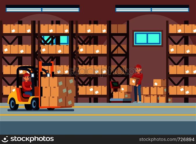 Warehouse interior. People loaders working in industry stockroom, transportation and forklift, delivery truck with pallet vector logistic concept. Warehouse interior. People loaders working in industry stockroom, transportation and forklift, delivery truck vector logistic concept