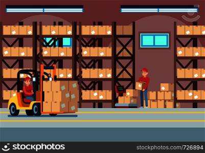 Warehouse interior. People loaders working in industry stockroom, transportation and forklift, delivery truck with pallet vector logistic concept. Warehouse interior. People loaders working in industry stockroom, transportation and forklift, delivery truck vector logistic concept