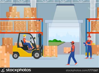 Warehouse interior with cardboard boxes on metal racks. Warehouse interior with goods, pallet trucks, forklift truck and container package boxes. Vector illustration in flat style. Warehouse interior with cardboard boxes