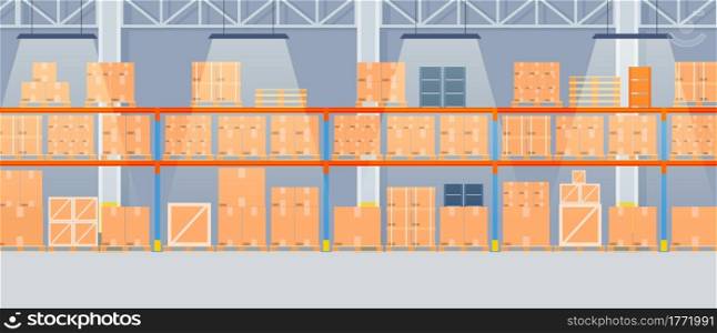Warehouse interior with cardboard boxes on metal racks. empty Warehouse interior with goods, pallet trucks and container package boxes. Storage room in store, market. Vector illustration in flat style. Warehouse interior with cardboard boxes
